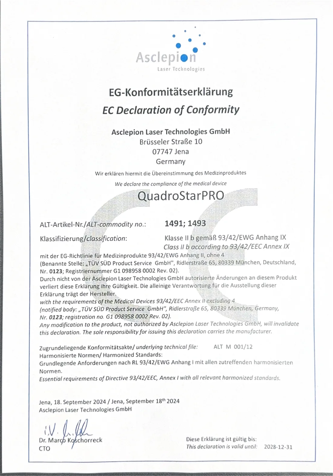 QuadroStarPRO 歐盟 CE 符合性聲明，Asclepion Laser Technologies，2024 年 9 月 18 日
