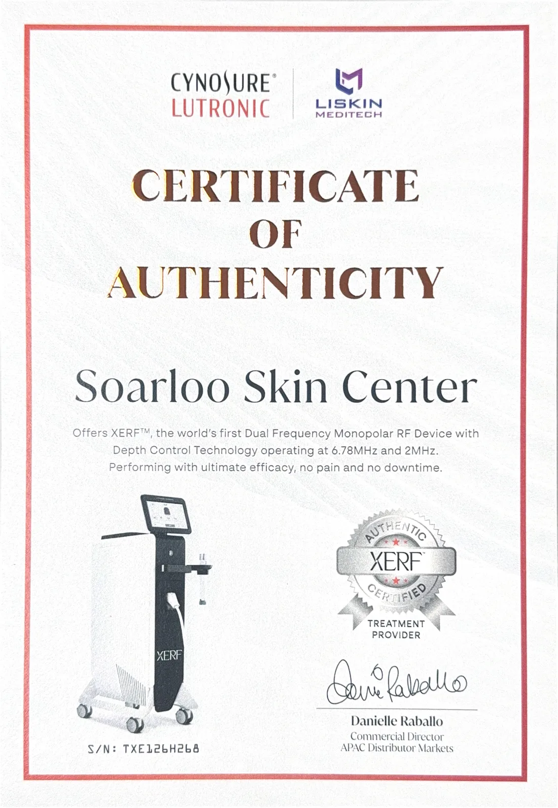 XERF Certificate of Authenticity 原廠正貨認證，Cynosure Lutronic，XERF 認可治療提供商